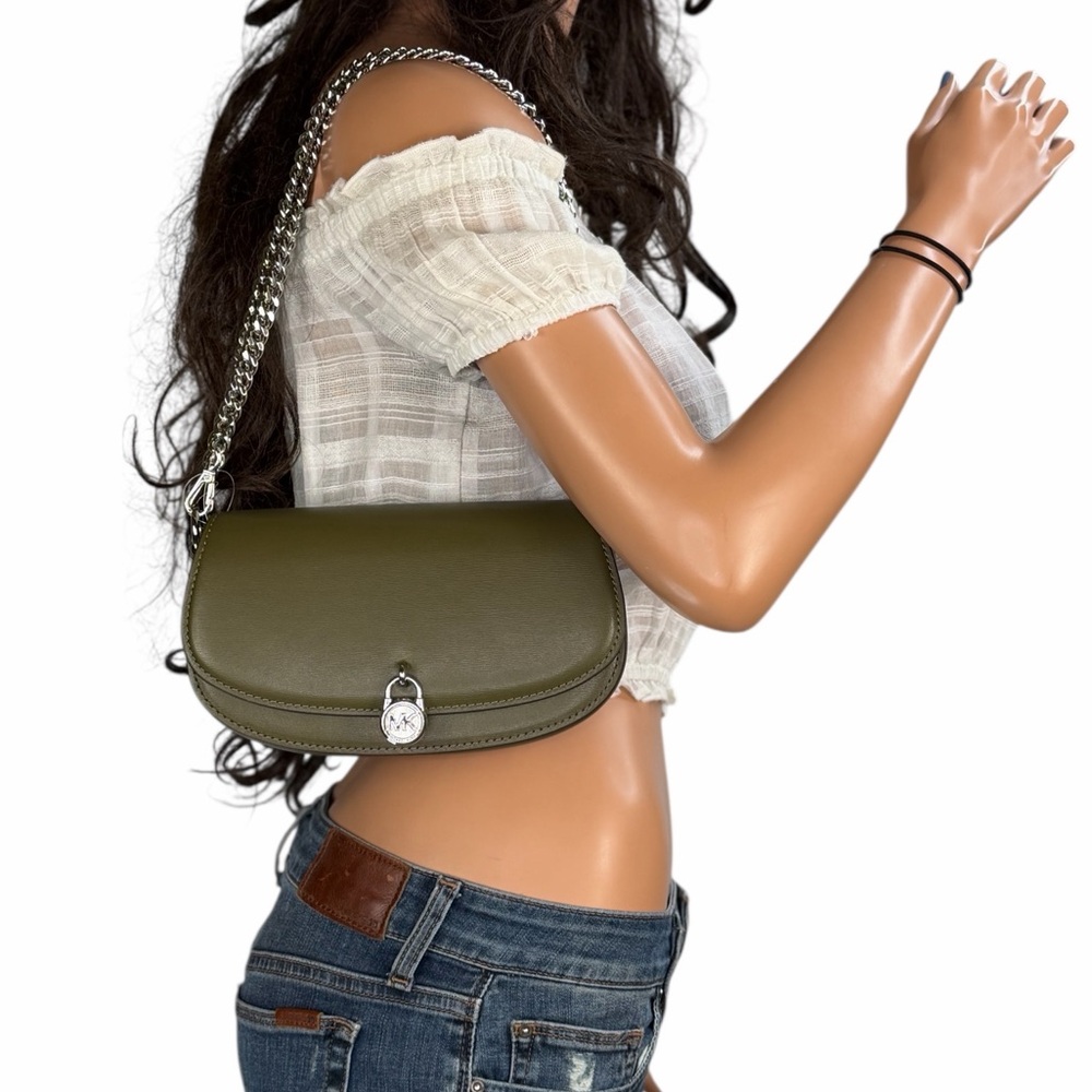 Michael Kors Mila SM Olive Green Leather Shoulder Flap Convertible Crossbody Bag